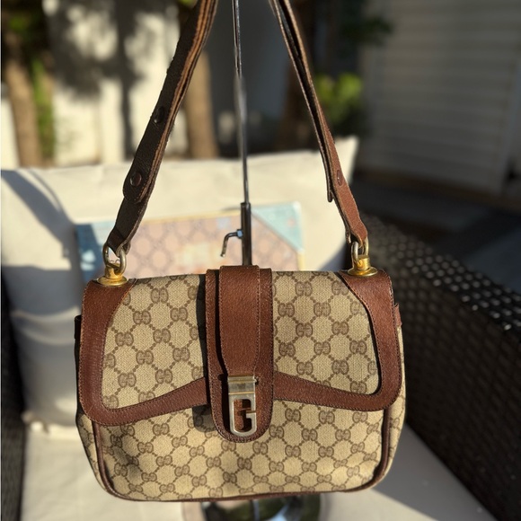 EUC Gucci  Brown Monogram and leather Shoulder Bag - Picture 1 of 11
